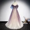 Charming Purple Gradient-Color Prom Dresses 2020 A-Line / Princess Off-The-Shoulder Short Sleeve Beading Glitter Tulle Sweep Train Ruffle Backless Formal Dresses