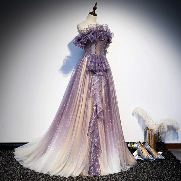 Charmant Violett Farbverlauf Ballkleider 2020 A Linie Off Shoulder Kurze Ärmel Perlenstickerei Glanz Tülle Sweep / Pinsel Zug Rüschen Rückenfreies Festliche Kleider