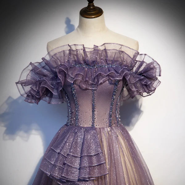 Charmant Violett Farbverlauf Ballkleider 2020 A Linie Off Shoulder Kurze Ärmel Perlenstickerei Glanz Tülle Sweep / Pinsel Zug Rüschen Rückenfreies Festliche Kleider
