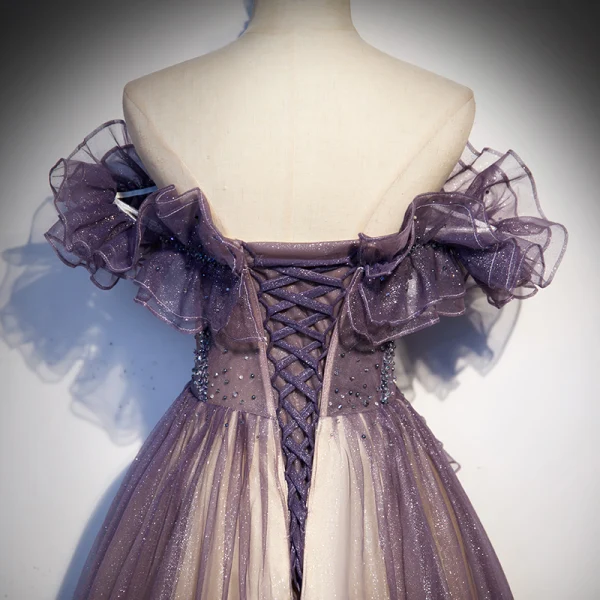 Charmant Violett Farbverlauf Ballkleider 2020 A Linie Off Shoulder Kurze Ärmel Perlenstickerei Glanz Tülle Sweep / Pinsel Zug Rüschen Rückenfreies Festliche Kleider