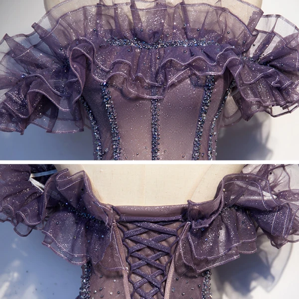 Charmant Violett Farbverlauf Ballkleider 2020 A Linie Off Shoulder Kurze Ärmel Perlenstickerei Glanz Tülle Sweep / Pinsel Zug Rüschen Rückenfreies Festliche Kleider