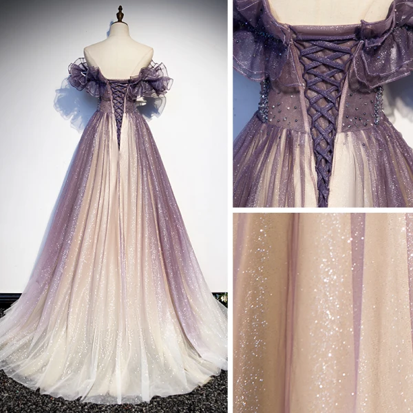 Charmant Violett Farbverlauf Ballkleider 2020 A Linie Off Shoulder Kurze Ärmel Perlenstickerei Glanz Tülle Sweep / Pinsel Zug Rüschen Rückenfreies Festliche Kleider