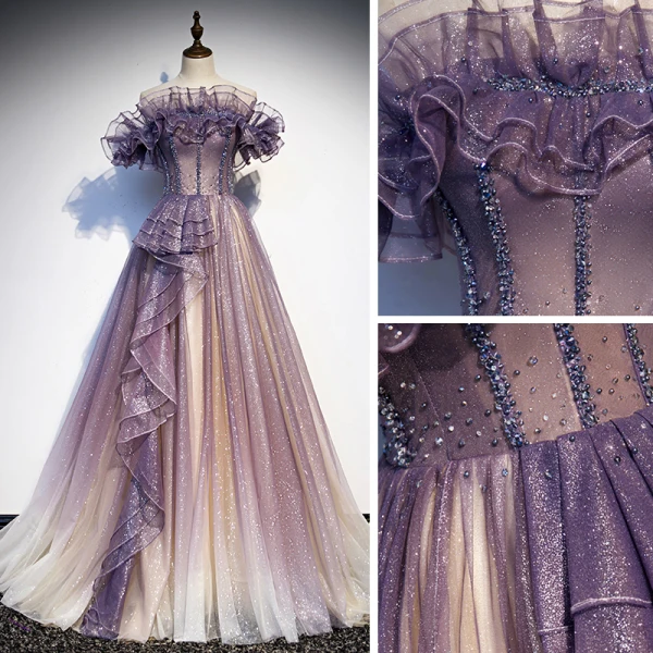 Charmant Violett Farbverlauf Ballkleider 2020 A Linie Off Shoulder Kurze Ärmel Perlenstickerei Glanz Tülle Sweep / Pinsel Zug Rüschen Rückenfreies Festliche Kleider