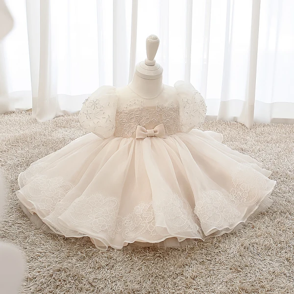 Elegant Blushing Pink Organza Birthday Flower Girl Dresses 2020 Princess Scoop Neck Puffy Short Sleeve Appliques Lace Beading Bow Short Ruffle Wedding Party Dresses