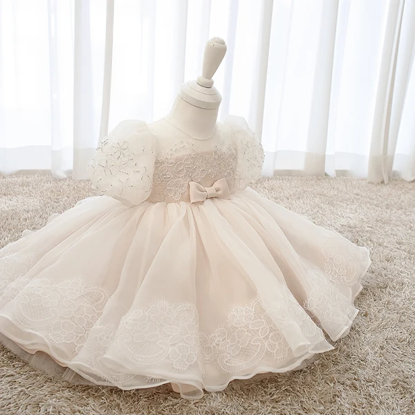 Elegant Blushing Pink Organza Birthday Flower Girl Dresses 2020 Princess Scoop Neck Puffy Short Sleeve Appliques Lace Beading Bow Short Ruffle Wedding Party Dresses