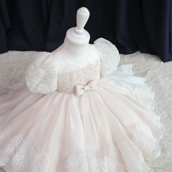 Elegant Blushing Pink Organza Birthday Flower Girl Dresses 2020 Princess Scoop Neck Puffy Short Sleeve Appliques Lace Beading Bow Short Ruffle Wedding Party Dresses