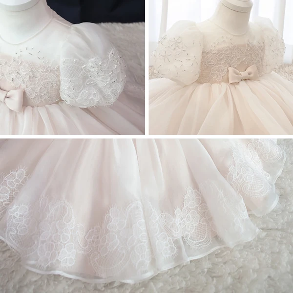 Elegant Blushing Pink Organza Birthday Flower Girl Dresses 2020 Princess Scoop Neck Puffy Short Sleeve Appliques Lace Beading Bow Short Ruffle Wedding Party Dresses
