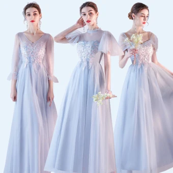 Abordable Bleu Ciel Robe Demoiselle D Honneur 2020 Princesse Dos Nu Appliques En Dentelle Longueur Cheville Volants