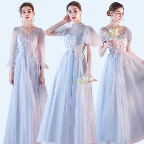 Affordable Sky Blue Bridesmaid Dresses 2020 A-Line / Princess Backless Appliques Lace Ankle Length Ruffle