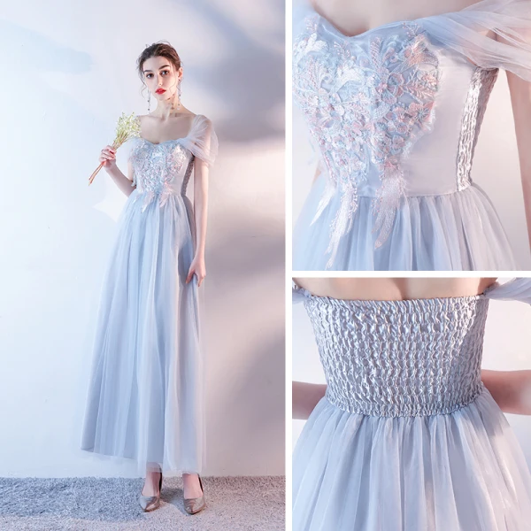 Affordable Sky Blue Bridesmaid Dresses 2020 A-Line / Princess Backless Appliques Lace Ankle Length Ruffle