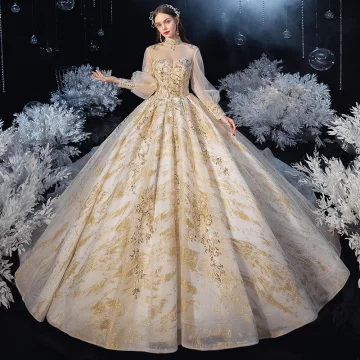 Style Victorien Champagne Transparentes La Mariée Robe De Mariée 2020 Robe Boule Col Haut Gonflée Manches Longues Dos Nu Appliques Paillettes Glitter Tulle Perlage Cathedral Train Volants