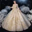 Style Victorien Champagne Transparentes La Mariée Robe De Mariée 2020 Robe Boule Col Haut Gonflée Manches Longues Dos Nu Appliques Paillettes Glitter Tulle Perlage Cathedral Train Volants
