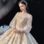 Style Victorien Champagne Transparentes La Mariée Robe De Mariée 2020 Robe Boule Col Haut Gonflée Manches Longues Dos Nu Appliques Paillettes Glitter Tulle Perlage Cathedral Train Volants