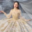 Style Victorien Champagne Transparentes La Mariée Robe De Mariée 2020 Robe Boule Col Haut Gonflée Manches Longues Dos Nu Appliques Paillettes Glitter Tulle Perlage Cathedral Train Volants