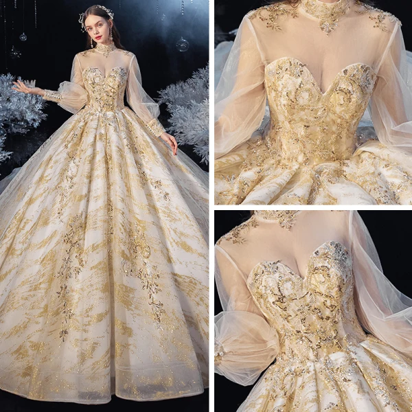 Style Victorien Champagne Transparentes La Mariée Robe De Mariée 2020 Robe Boule Col Haut Gonflée Manches Longues Dos Nu Appliques Paillettes Glitter Tulle Perlage Cathedral Train Volants