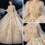 Style Victorien Champagne Transparentes La Mariée Robe De Mariée 2020 Robe Boule Col Haut Gonflée Manches Longues Dos Nu Appliques Paillettes Glitter Tulle Perlage Cathedral Train Volants