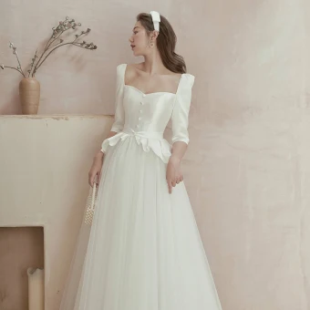 Affordable Ivory Satin Outdoor Garden Wedding Dresses 2020 A Line Princess Square Neckline Puffy 1 2 Sleeves Backless Sash Rhinestone Floor Length Long Ruffle