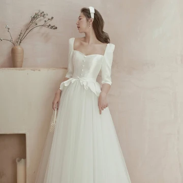Affordable Ivory Satin Outdoor Garden Wedding Dresses 2020 A Line Princess Square Neckline Puffy 1 2 Sleeves Backless Sash Rhinestone Floor Length Long Ruffle