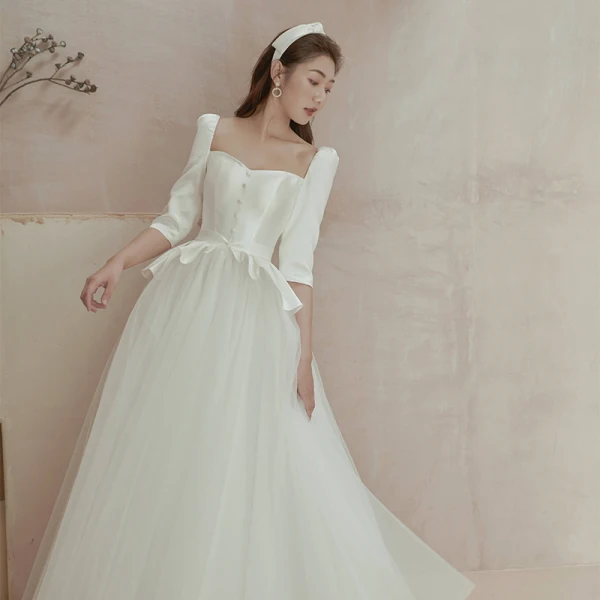 Abordable Ivoire Satin Jardin / Extérieur Robe De Mariée 2020 Princesse Encolure Carrée Gonflée 1/2 Manches Dos Nu Ceinture Faux Diamant Longue Volants