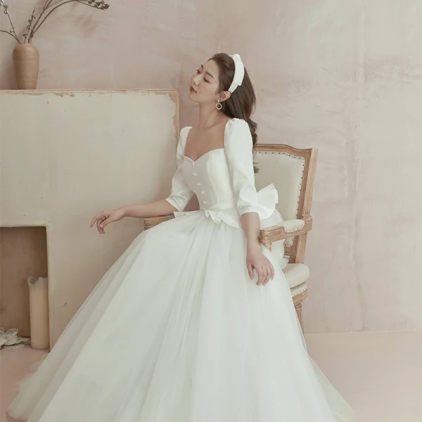Abordable Ivoire Satin Jardin / Extérieur Robe De Mariée 2020 Princesse Encolure Carrée Gonflée 1/2 Manches Dos Nu Ceinture Faux Diamant Longue Volants