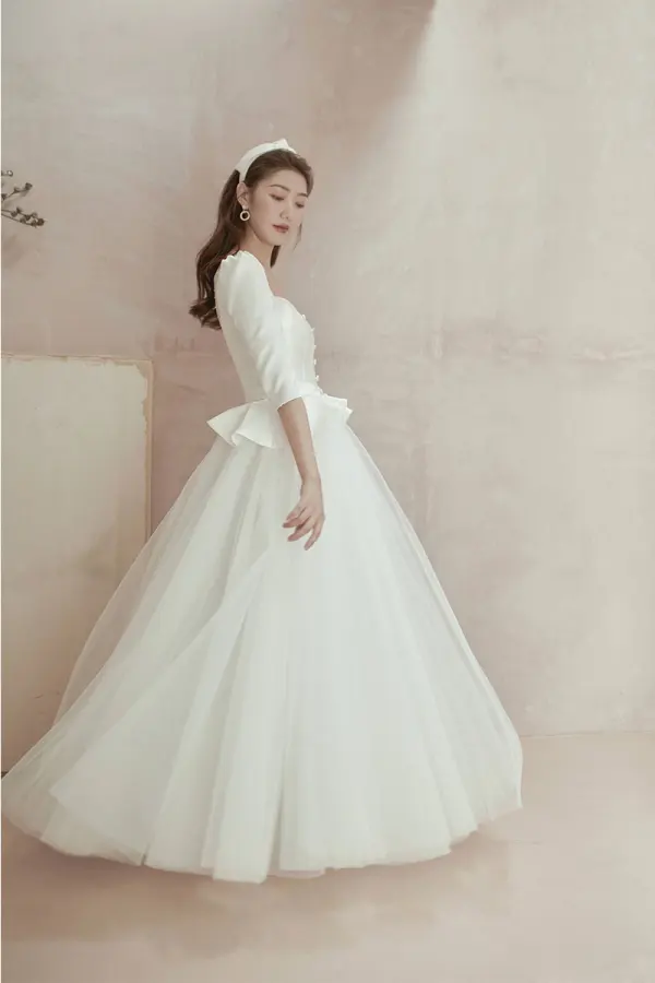 Abordable Ivoire Satin Jardin / Extérieur Robe De Mariée 2020 Princesse Encolure Carrée Gonflée 1/2 Manches Dos Nu Ceinture Faux Diamant Longue Volants