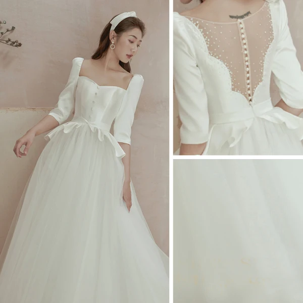 Abordable Ivoire Satin Jardin / Extérieur Robe De Mariée 2020 Princesse Encolure Carrée Gonflée 1/2 Manches Dos Nu Ceinture Faux Diamant Longue Volants