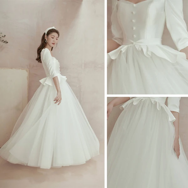 Abordable Ivoire Satin Jardin / Extérieur Robe De Mariée 2020 Princesse Encolure Carrée Gonflée 1/2 Manches Dos Nu Ceinture Faux Diamant Longue Volants