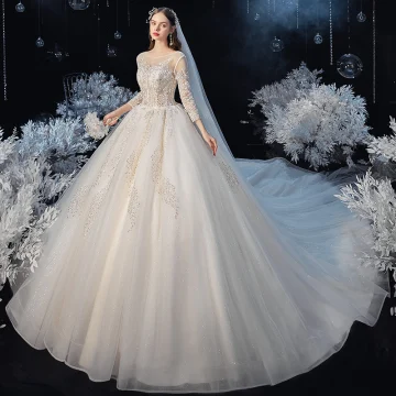 Illusion Champagne See Through Bridal Wedding Dresses 2020 Ball Gown Scoop Neck 3 4 Sleeve Backless Sequins Beading Glitter Tulle Cathedral Train Ruffle