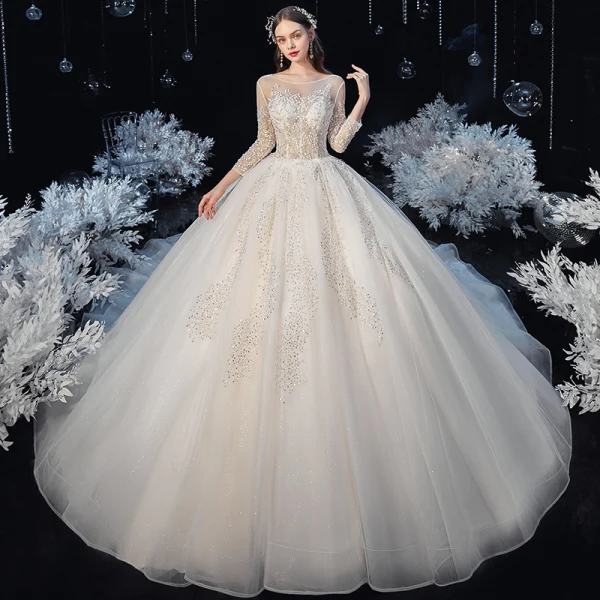 Illusion Champagne Transparentes La Mariée Robe De Mariée 2020 Robe Boule Encolure Dégagée 3/4 Manches Dos Nu Paillettes Perlage Glitter Tulle Cathedral Train Volants