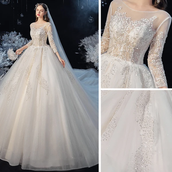 Illusion Champagne Transparentes La Mariée Robe De Mariée 2020 Robe Boule Encolure Dégagée 3/4 Manches Dos Nu Paillettes Perlage Glitter Tulle Cathedral Train Volants