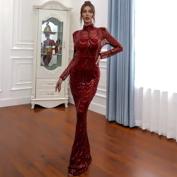 Sexy Burgundy See Through Evening Dresses 2020 Trumpet Mermaid High Neck Long Sleeve Sequins Sweep Train Formal Dresses