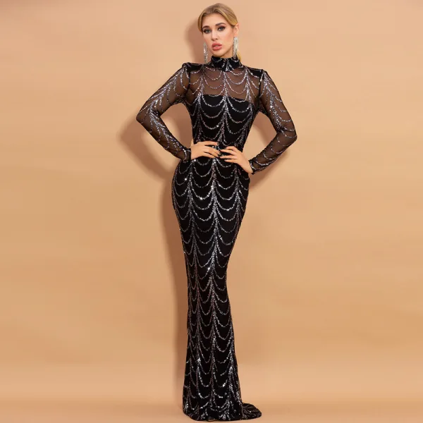 Sexy Bordeaux Transparentes Robe De Soirée 2020 Trompette / Sirène Col Haut Manches Longues Paillettes Train De Balayage Robe De Ceremonie