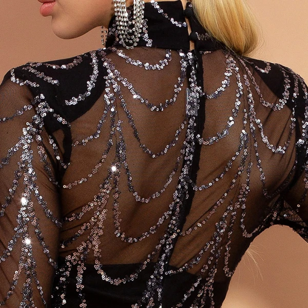 Sexy Bordeaux Transparentes Robe De Soirée 2020 Trompette / Sirène Col Haut Manches Longues Paillettes Train De Balayage Robe De Ceremonie
