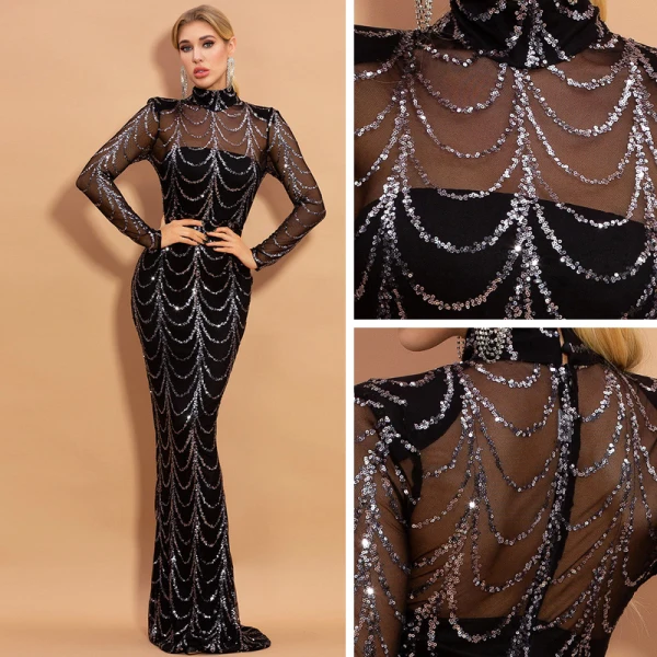 Sexy Bordeaux Transparentes Robe De Soirée 2020 Trompette / Sirène Col Haut Manches Longues Paillettes Train De Balayage Robe De Ceremonie