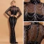 Sexy Bordeaux Transparentes Robe De Soirée 2020 Trompette / Sirène Col Haut Manches Longues Paillettes Train De Balayage Robe De Ceremonie