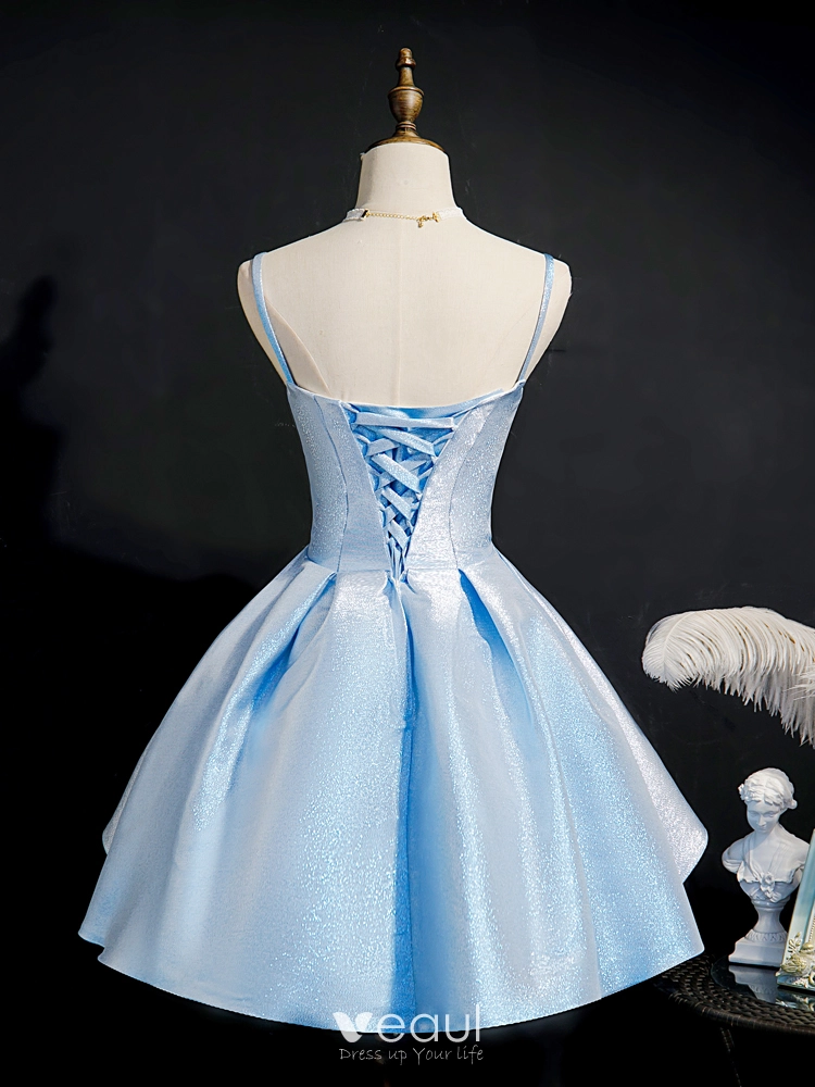 Modest / Simple Sky Blue Satin Homecoming Graduation Dresses 2020 A-Line /  Princess Spaghetti Straps Sleeveless Short Ruffle Backless Formal Dresses