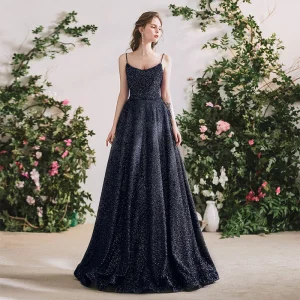 Best Black Dancing Prom Dresses 2020 A Line Princess Spaghetti Straps Sleeveless Sequins Beading Glitter Polyester Floor Length Long Ruffle Backless Formal Dresses