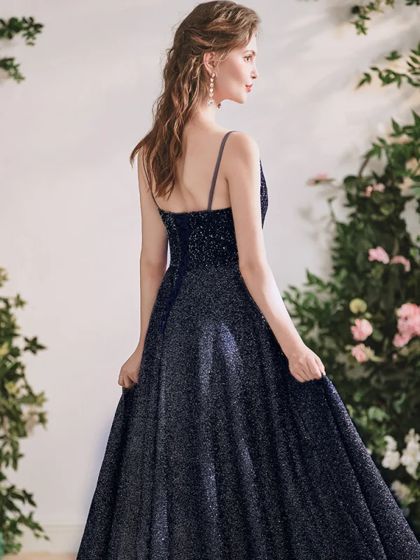 Meilleur Noire Dansant Robe De Bal 2020 Princesse Bretelles Spaghetti Sans Manches Paillettes Perlage Glitter Polyester Longue Volants Dos Nu Robe De Ceremonie