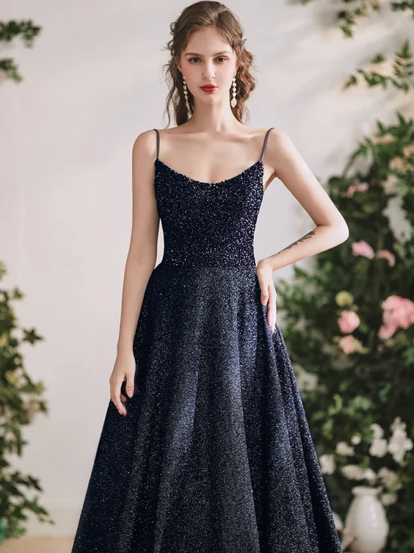 Meilleur Noire Dansant Robe De Bal 2020 Princesse Bretelles Spaghetti Sans Manches Paillettes Perlage Glitter Polyester Longue Volants Dos Nu Robe De Ceremonie