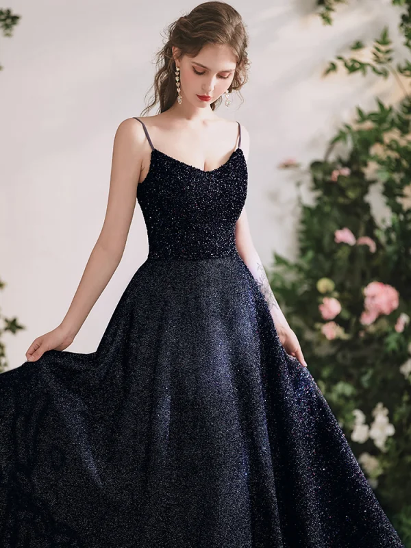 Meilleur Noire Dansant Robe De Bal 2020 Princesse Bretelles Spaghetti Sans Manches Paillettes Perlage Glitter Polyester Longue Volants Dos Nu Robe De Ceremonie