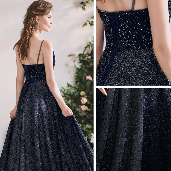 Meilleur Noire Dansant Robe De Bal 2020 Princesse Bretelles Spaghetti Sans Manches Paillettes Perlage Glitter Polyester Longue Volants Dos Nu Robe De Ceremonie