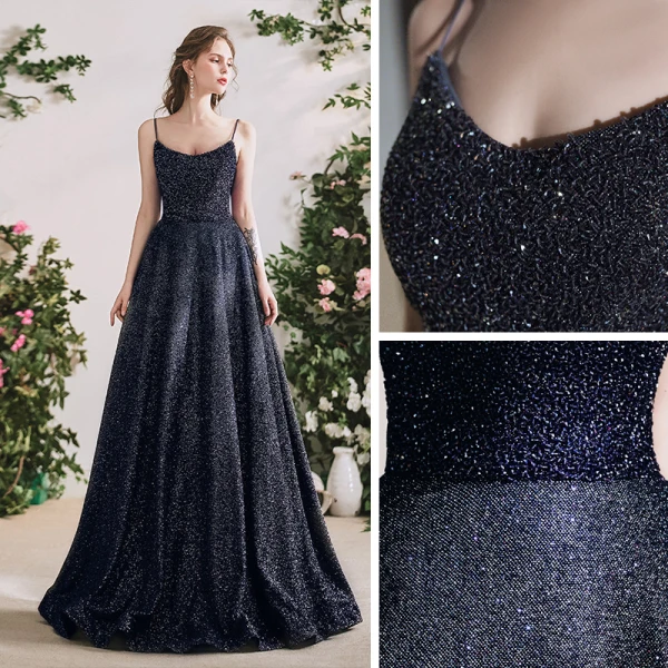 Meilleur Noire Dansant Robe De Bal 2020 Princesse Bretelles Spaghetti Sans Manches Paillettes Perlage Glitter Polyester Longue Volants Dos Nu Robe De Ceremonie