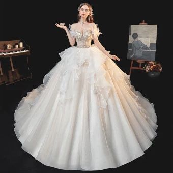Chic Beautiful Champagne Organza Bridal Wedding Dresses 2020 Ball Gown Off The Shoulder Short Sleeve Backless Beading Rhinestone Cathedral Train Ruffle