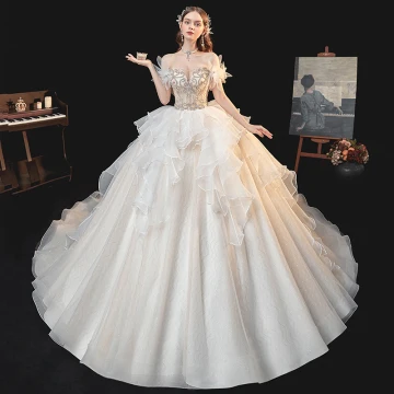 Chic Beautiful Champagne Organza Bridal Wedding Dresses 2020 Ball Gown Off The Shoulder Short Sleeve Backless Beading Rhinestone Cathedral Train Ruffle
