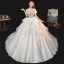 Schöne Champagner Organza Hochzeits Brautkleider / Hochzeitskleider 2020 Ballkleid Off Shoulder Kurze Ärmel Rückenfreies Perlenstickerei Strass Kathedrale Schleppe Rüschen