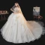 Schöne Champagner Organza Hochzeits Brautkleider / Hochzeitskleider 2020 Ballkleid Off Shoulder Kurze Ärmel Rückenfreies Perlenstickerei Strass Kathedrale Schleppe Rüschen
