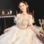 Schöne Champagner Organza Hochzeits Brautkleider / Hochzeitskleider 2020 Ballkleid Off Shoulder Kurze Ärmel Rückenfreies Perlenstickerei Strass Kathedrale Schleppe Rüschen