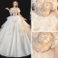 Schöne Champagner Organza Hochzeits Brautkleider / Hochzeitskleider 2020 Ballkleid Off Shoulder Kurze Ärmel Rückenfreies Perlenstickerei Strass Kathedrale Schleppe Rüschen