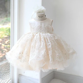 Elegant Champagne Birthday Flower Girl Dresses 2020 Ball Gown Scoop Neck Sleeveless Appliques Lace Beading Sash Short Ruffle Wedding Party Dresses