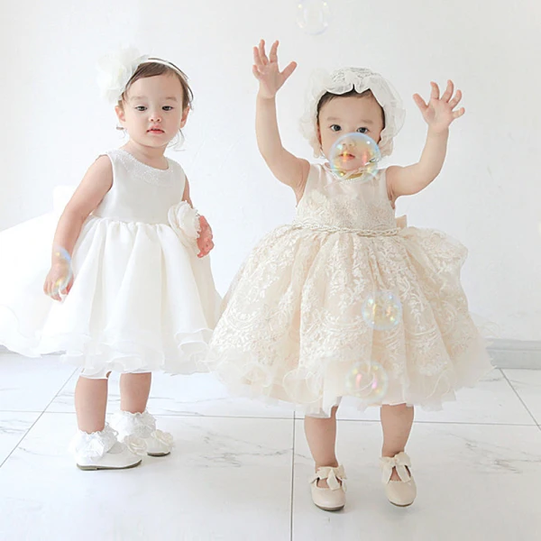 Elegant Champagne Birthday Flower Girl Dresses 2020 Ball Gown Scoop Neck Sleeveless Appliques Lace Beading Sash Short Ruffle Wedding Party Dresses